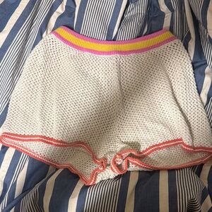 Aerie White Knit Athletic Shorts with Pink and Yellow Trim